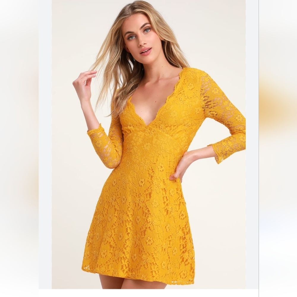 Lulu's We Will Dance Deep Vneck 3/4 Sleeve Lace Mini A-line Dress Sz Small